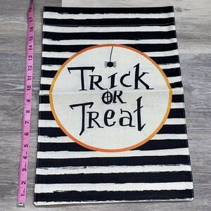 Trick Or Treat Garden Flag 12”x18”Double Sided Canvas Red Orange Spider Striped